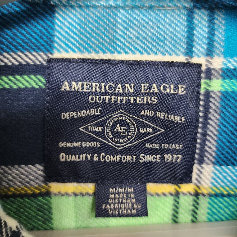 American Eagle Outfitters Men’s Medium Flannel Button Up Shirt Blue Plaid Cotton - Picture 14 of 16